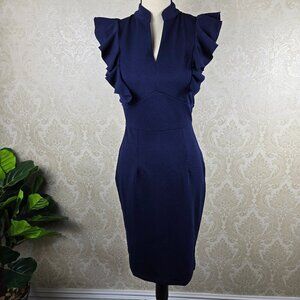 Knitee Size Small Navy Blue Sheath Dress Ruffles at Shoulders Split V Neck NWT
